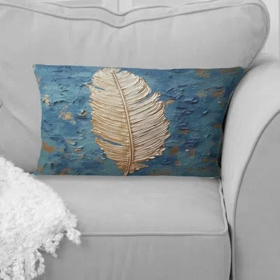 Design Art Glam Exquisite Gold On Blue Feather Painting I - Feathers Printed Throw Pillow