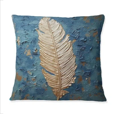 Design Art Glam Exquisite Gold On Blue Feather Painting I - Feathers Printed Throw Pillow