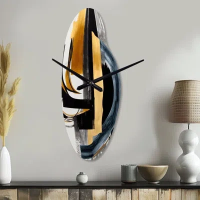 Design Art Glam Gold And Black Expression Ii - Abstract Spirals Curved Metal Wall Clock, Black Asymmetrical Clo In Black;gold