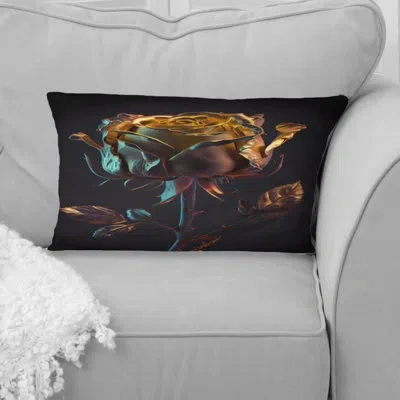 Design Art Glam Golden Rose On Black I - Rose Printed Throw Pillow In Pink