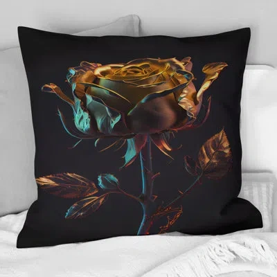 Design Art Glam Golden Rose On Black I - Rose Printed Throw Pillow In Pink