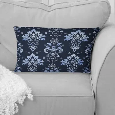 Design Art Glamourous Damask Print Ii - Glam Lumbar Pillow In Blue,navy