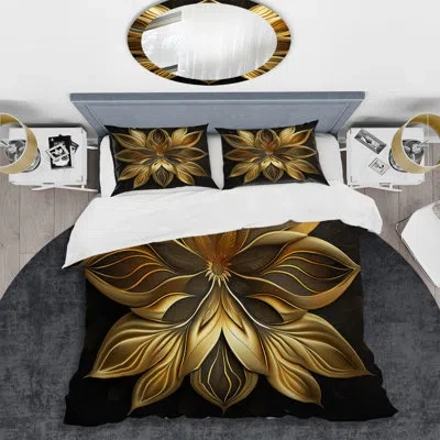 Design Art Glamourous Lily On Black I - Floral Lily Duvet Cover Set - Microfiber Polyester In Black;gold