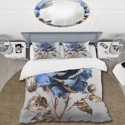 Design Art Glass Gold And Blue Rose Iii - Rose Duvet Cover Set In Blue;gold