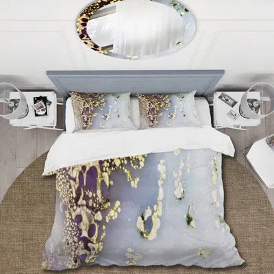 Design Art Glitter Drops On Light Blue - Modern Duvet Cover Set - Microfiber Polyester In White;gold