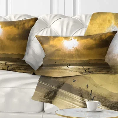 Design Art Glittering Sun Among Heavy Clouds - Sea & Shore Printed Pillow In Blue
