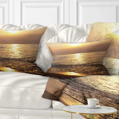 Design Art Gloomy Beach And Waters At Sunset - Sea & Shore Printed Throw Pillow In Blue