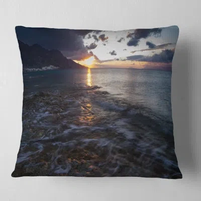 Design Art Gloomy Sea Coast At Sunrise - Sea & Shore Printed Throw Pillow In Blue;orange
