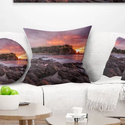 Design Art Gloomy Seashore With Large Rocks - Sea & Shore Printed Throw Pillow In Red;orange