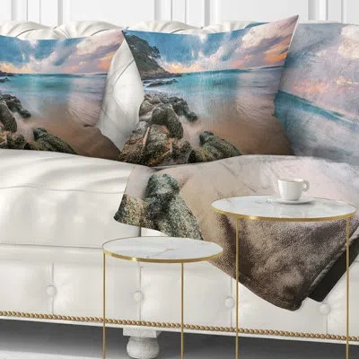 Design Art Gloomy Tropical Sunset Beach - Sea & Shore Printed Pillow In Blue;orange