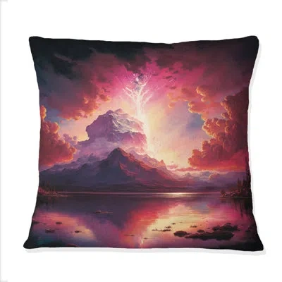 Design Art Glorious Magenta Lake Sunset With Lightening I - Mountains Printed Throw Pillow In White;pink