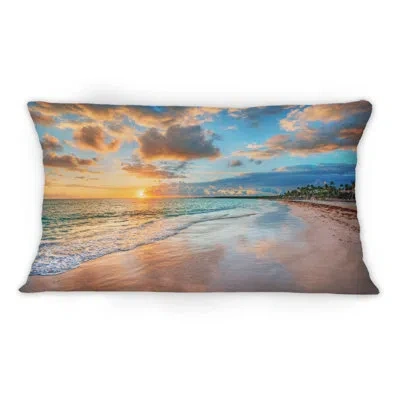 Design Art Glorious Sunset Breaking Waves By The Shore - Nautical & Coastal Printed Throw Pillow