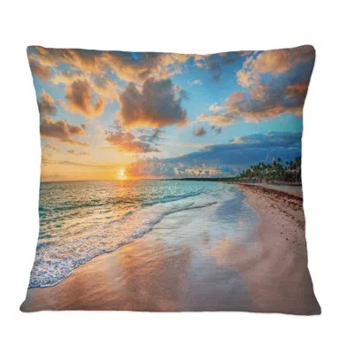 Design Art Glorious Sunset Breaking Waves By The Shore - Nautical & Coastal Printed Throw Pillow In Blue;orange