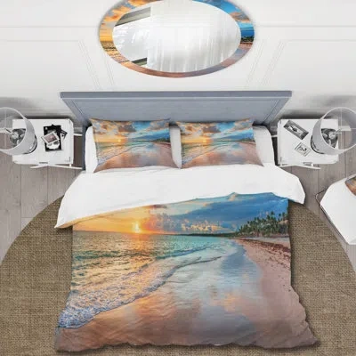 Design Art Glorious Sunset Breaking Waves By The Shore - Nautical Duvet Cover Set - Microfiber Polyester In Blue,orange