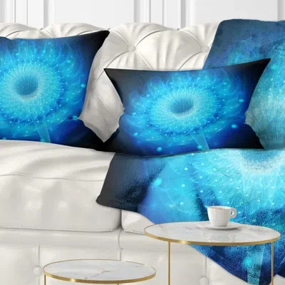 Design Art Glowing Blue Fractal Flower On Black - Floral Printed Throw Pillow