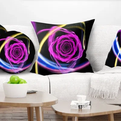 Design Art Glowing Purple Neon Rose - Floral Printed Pillow