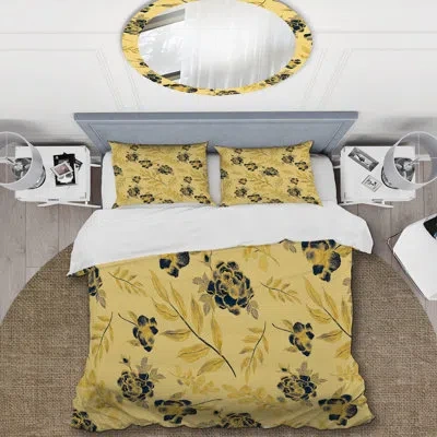Design Art Gold And Black Flowers - Floral Duvet Cover Set - Microfiber Polyester In Gold,black