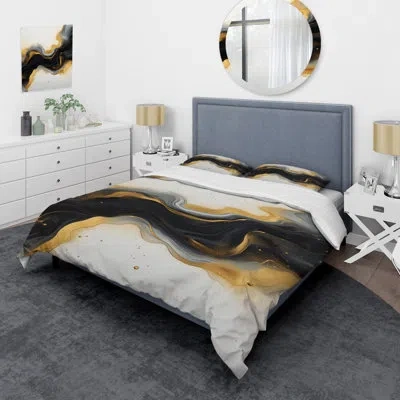 Design Art Gold And Black Marble Essence Iv - Abstract Marble Duvet Cover Set In Black;gold