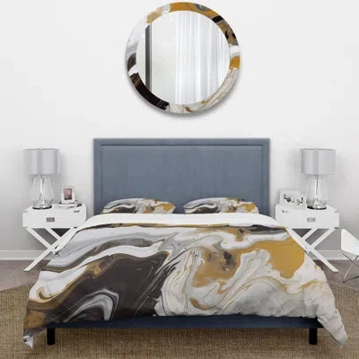 Design Art Gold And Black Marble Waves Iii - Fractals Duvet Cover Set In Black;gold