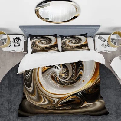 Design Art Gold And Black Stained Glass Spiral Ii - Modern Spiral Duvet Cover Set - Microfiber Polyester In Black;gold