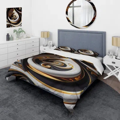 Design Art Gold And Black Stained Glass Spiral Iv - Modern Spiral Duvet Cover Set - Microfiber Polyester In Black;gold