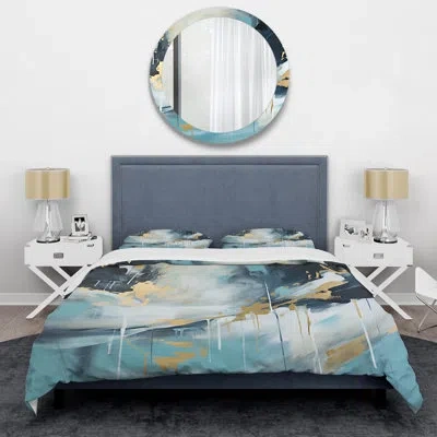 Design Art Gold And Blue Abstract Expression 2 - Abstract Painting Duvet Cover Set In Blue;gold