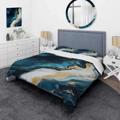 Design Art Gold And Blue Abstract Marble Paint I - Abstract Marble Duvet Cover Set In Blue;gold