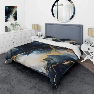 Design Art Gold And Blue Abstract Marble Paint Ii - Abstract Marble Duvet Cover Set In Blue;gold