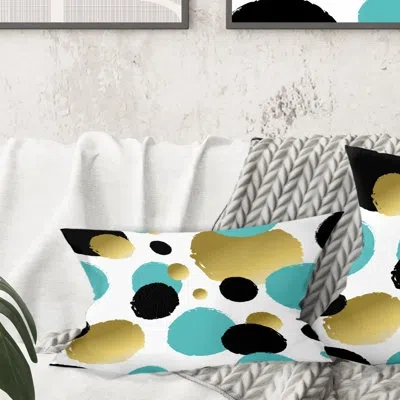 Design Art Gold And Blue Circles - Mid-century Modernprinted Throw Pillow