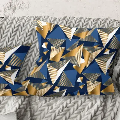 Design Art Gold And Blue Cubes - Mid-century Modernprinted Throw Pillow In Blue;gold