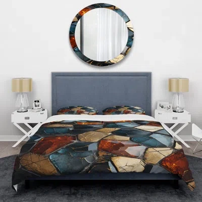Design Art Gold And Blue Cubic Mosaic Tiles Iii - Abstract Tile Duvet Cover Set In Red;gold