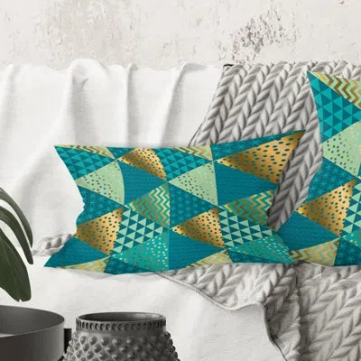 Design Art Gold And Blue Dynamics I - Mid-century Modern Printed Throw Pillow