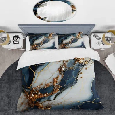 Design Art Gold And Blue Geode Art  Iii - Abstract Liquid Ink Duvet Cover Set In Blue;gold