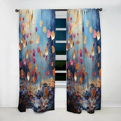 Design Art Gold And Blue Leaves Charm In Winter - Leaves Curtain - Room Darkening Floral Curtain - 1 Panels