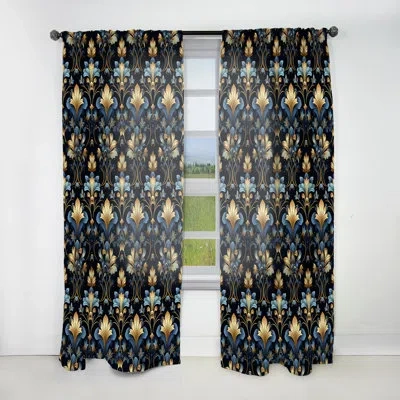 Design Art Gold And Blue Luxury Damask Pattern - Glam Curtain - Velvet Room Darkening - 1 Panel In Blue;gold
