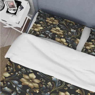 Design Art Gold And Blue Luxury Damask Symphony Iii Gold/blue Microfiber Duvet Cover Set In Blue;gold