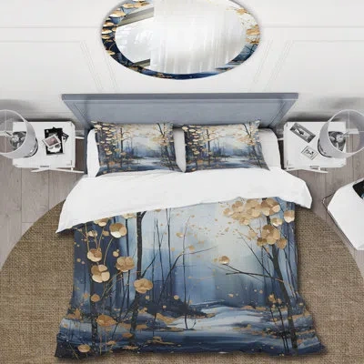 Design Art Gold And Blue Maple Tree Winter Forest Ii - Tree Maple Duvet Cover Set In Blue;gold