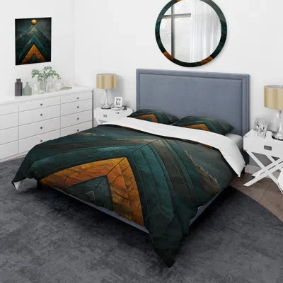 Design Art Gold And Blue Marble Chevrons Pyramid - Abstract Tile Duvet Cover Set In Green;yellow