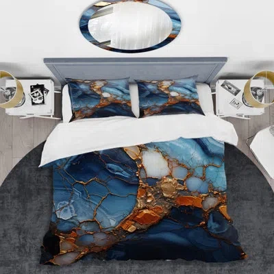 Design Art Gold And Blue Marble Mosaic Agate Vi - Abstract Duvet Cover Set In Blue;gold