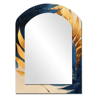 Design Art Gold And Blue Palm Leaves In The Jungle Ii - Plants Asymmetrical Mirror, Gold Arch Unique Wall Mirro In Gold;blue