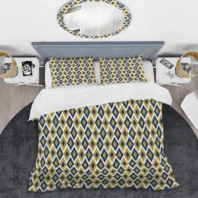 Design Art Gold And Blue Rhombus Ikat - Patterned Duvet Cover Set In Green,navy,white