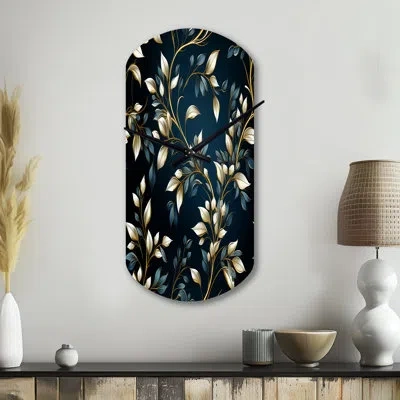 Design Art Gold And Blue Royal Botanical Vines - Asymmetrical Floral Metal Wall Clocks, Cylinder Wall Clock Pri In Blue;gold