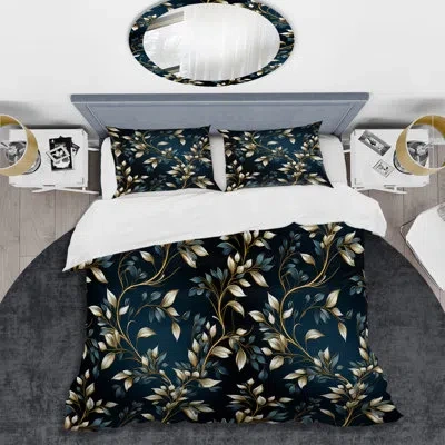 Design Art Gold And Blue Royal Botanical Vines - Floral Duvet Cover Set In Blue;gold