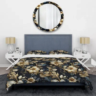 Design Art Gold And Blue Royal Flower Gardens Duvet Cover Set In Black