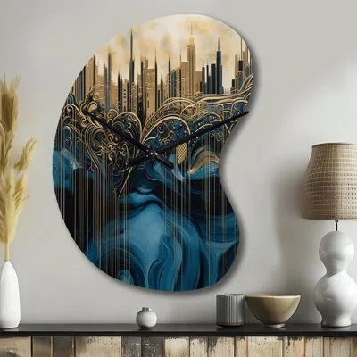 Design Art Gold And Blue Urban Elegance I - City Art Deco Asymmetrical Metal Clock, Gold Unique Shape Wall Cloc In Blue;gold