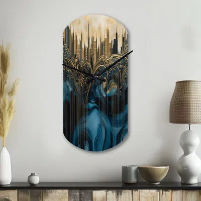 Design Art Gold And Blue Urban Elegance I - City Art Deco Asymmetrical Metal Wall Clock, Modern Cylinder Wall C In Blue;gold