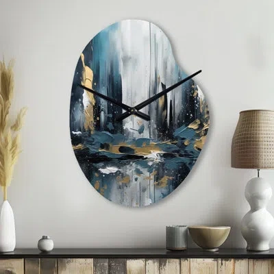 Design Art Gold And Blue Urban Elegance Iii - City Art Deco Asymmetrical Metal Clock, Gold Unique Shape Wall Cl