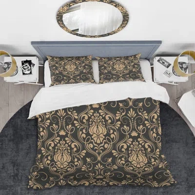 Design Art Gold And Brown Damask - Abstract Duvet Cover Set - Microfiber Polyester