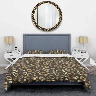 Design Art Gold And Brown Leopard Pattern - Animals Duvet Cover Set - Microfiber Polyester In Brown;gold