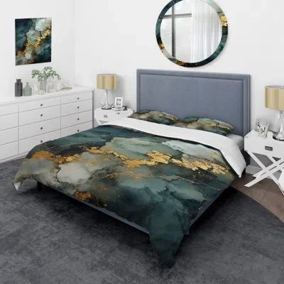 Design Art Gold And Green Abstract Marble Design I - Abstract Marble Duvet Cover Set In Green;gold